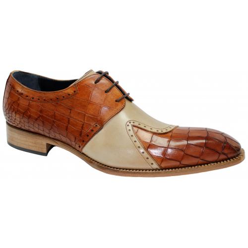 Duca Di Matiste "Valentano" Cognac / Beige Genuine Italian Calfskin / Crocodile Print Lace-Up Derby Shoes.